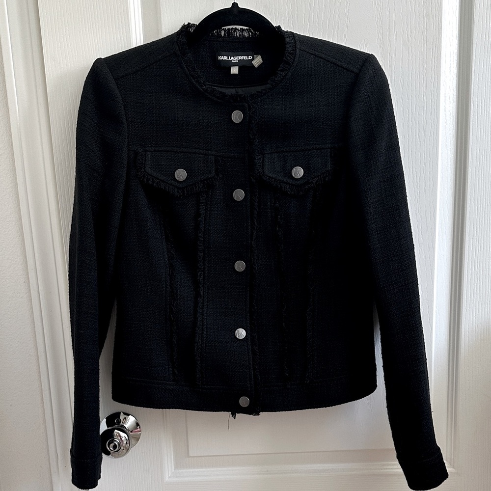 Karl Lagerfeld fringed details Black Textured Blazer